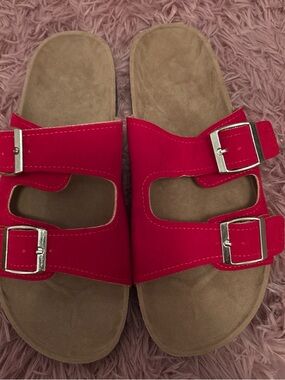 SHEIN RED Dual Buckle Slide Sandals - Women